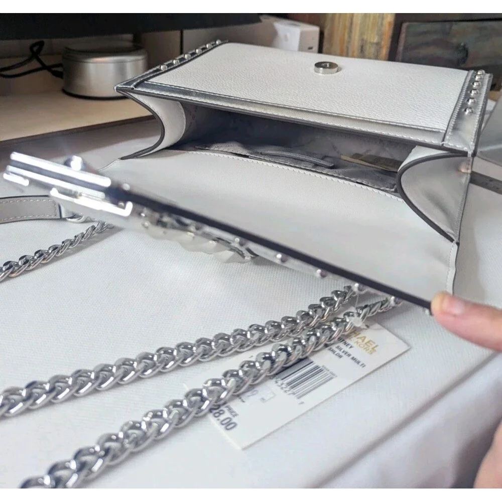 Michael Kors Studded Whitney Bag - Silver, White, Leather, Chain Strap, NWT - Picture 6 of 8